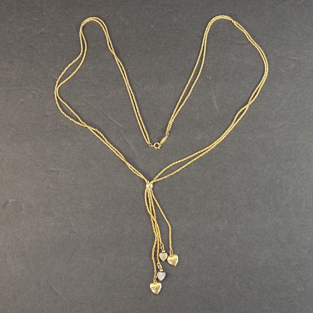 Napier Lariat Y Necklace Long Rope Gold Tone Mother Pearl Heart Charm Tassel VTG